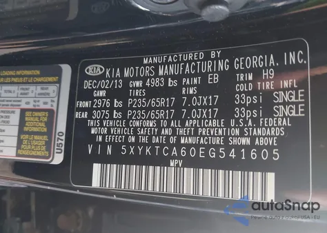 2014 Kia Sorento Lx из США, поврежденный, VIN 5XYKTCA60EG541605